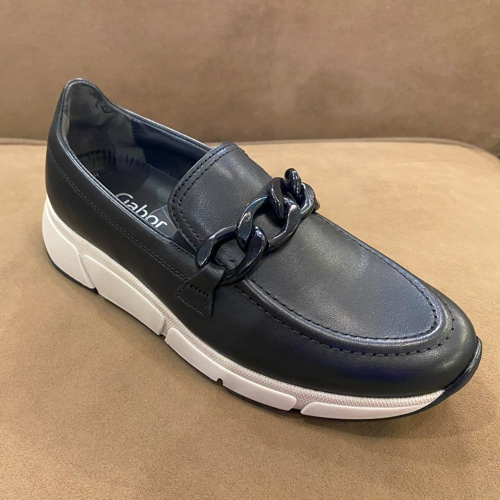 Gabor Black Leather Loafer with White Sole